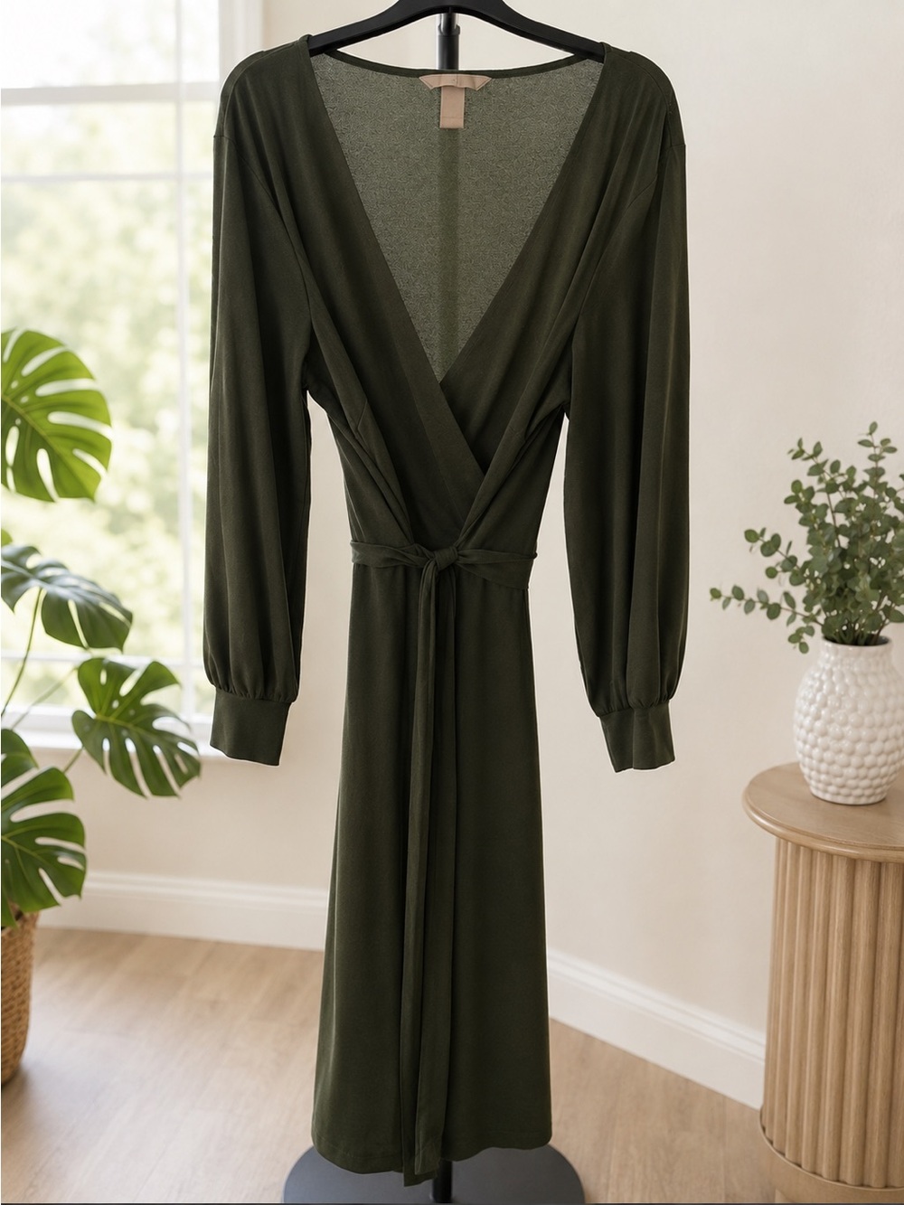 H&M Olive Wrap-Style Long Sleeve Midi Dress